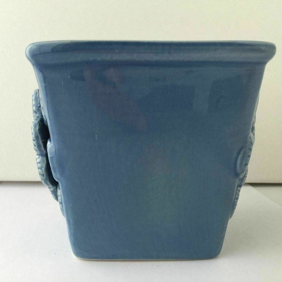 Blue Ceramic Planter Pot Glazed Raised Flower Faux Diamond Decorative Design - Picture 3 of 4